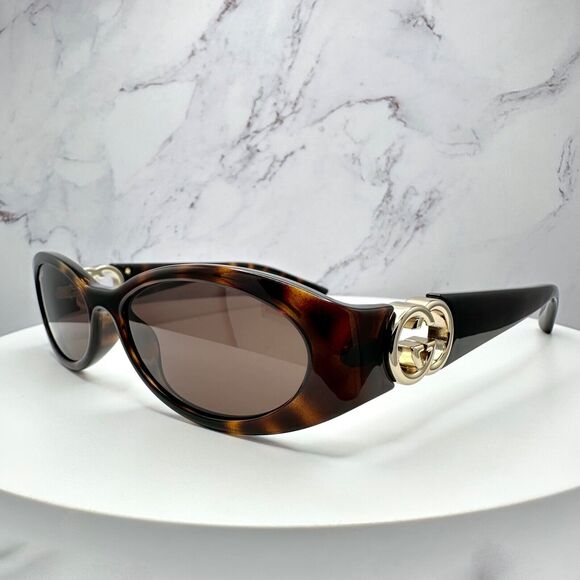 New Gucci Sunglasses Brown Tortoise Hailey Bieber Collaboration Oval Gold GG
